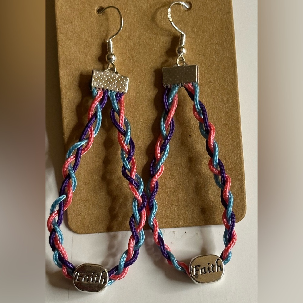 Pink Purple and Blue Faith Braided Rope Earrings - Picture 3 of 3